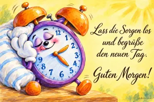 Lila Wecker mit Gesicht kuschelt verschlafen an einem Kissen, Text: Lass die Sorgen los und begrüße den neuen Tag. Guten Morgen!