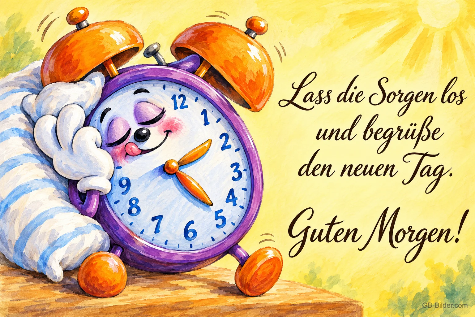 Lila Wecker mit Gesicht kuschelt verschlafen an einem Kissen, Text: Lass die Sorgen los und begrüße den neuen Tag. Guten Morgen!