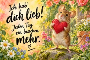Maus hält ein rotes Herz zwischen Blumen, Text: Ich hab' dich lieb! – Jeden Tag ein bisschen mehr.