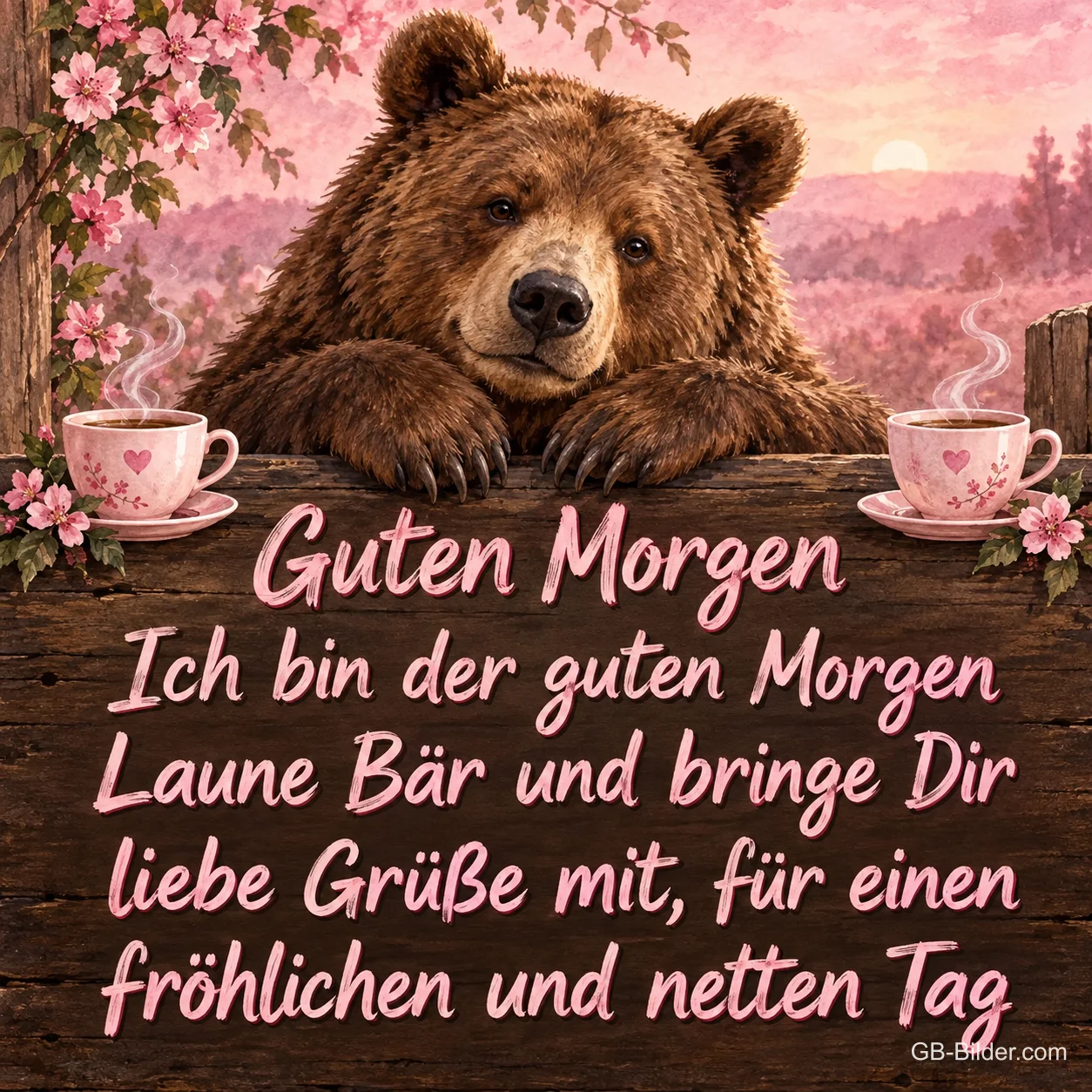 Brauner Bär lehnt an einem Holzzaun zwischen zwei Tassen und Blüten, Text: Guten Morgen – Ich bin der guten Morgen Laune Bär und bringe Dir liebe Grüße mit, für einen fröhlichen und netten Tag Brauner Bär lehnt an einem Holzzaun zwischen zwei Tassen und Blüten, Text: Guten Morgen – Ich bin der guten Morgen Laune Bär und bringe Dir liebe Grüße mit, für einen fröhlichen und netten Tag