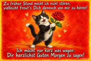 Schwarz-weiße Katze hält eine rote Rose vor rotem Hintergrund, Text: Zu früher Stund möcht ich nicht stören, vielleicht freut’s Dich dennoch von mir zu hören! Ich möcht nur kurz was wagen: Dir herzlichst Guten Morgen zu sagen!