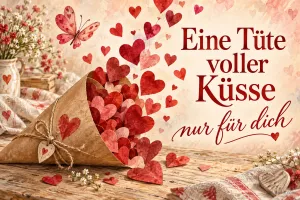 Papiertüte voller roter Herzen auf einem Holztisch, Text: Eine Tüte voller Küsse – nur für dich