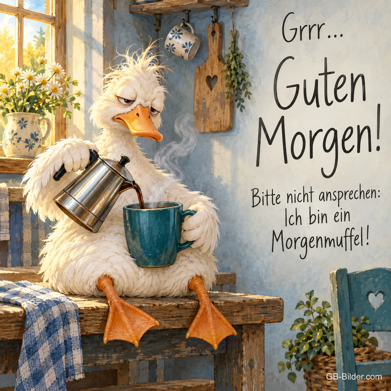 Zerzauste weiße Ente gießt sich Kaffee ein, Text: Grrr… Guten Morgen! Bitte nicht ansprechen: Ich bin ein Morgenmuffel!