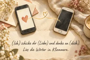 Zwei Smartphones mit Herz auf einer Decke, Text: (Ich) schicke dir (Liebe) und denke an (dich). – Lies die Wörter in Klammern.