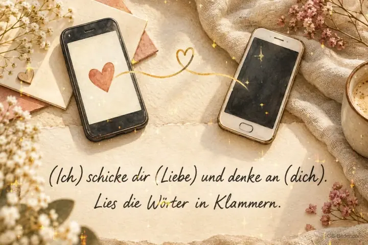 Zwei Smartphones mit Herz auf einer Decke, Text: (Ich) schicke dir (Liebe) und denke an (dich). – Lies die Wörter in Klammern.