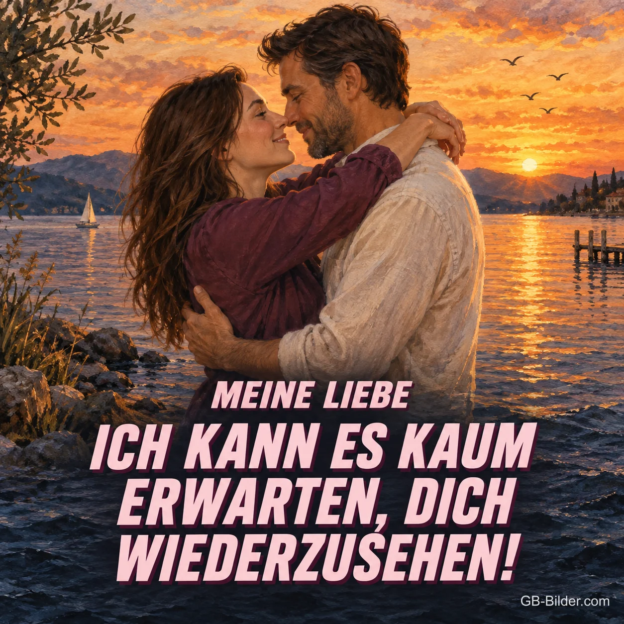 Paar umarmt sich am See im Sonnenuntergang, Text: Meine Liebe – Ich kann es kaum erwarten, dich wiederzusehen!