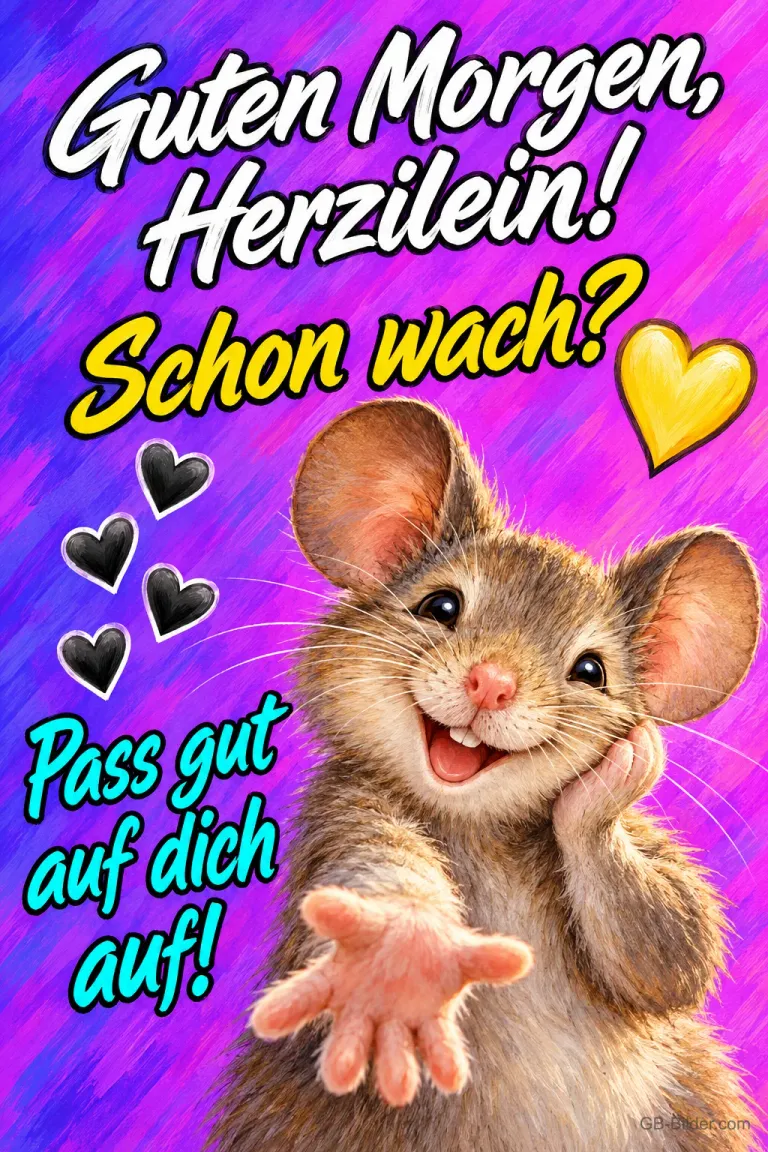 Lachende Maus stützt die Wange und streckt die Hand aus, Herzen auf Lila, Text: Guten Morgen, Herzilein! Schon wach? Pass gut auf dich auf!