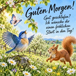 Hüttensänger singt auf einem Stein, ein Eichhörnchen springt herbei, Text: Guten Morgen! Gut geschlafen? Ich wünsche dir einen fröhlichen Start in den Tag!