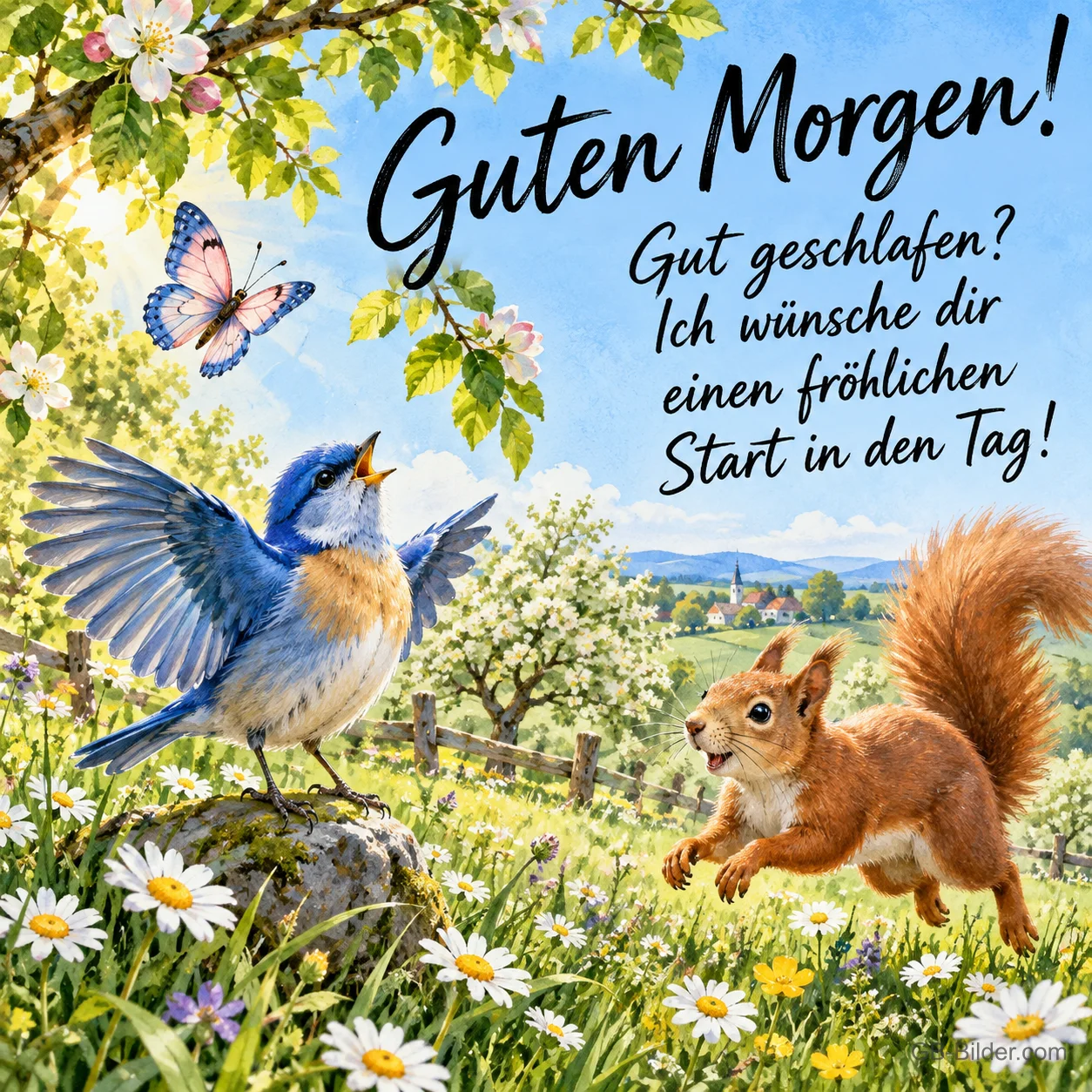 Hüttensänger singt auf einem Stein, ein Eichhörnchen springt herbei, Text: Guten Morgen! Gut geschlafen? Ich wünsche dir einen fröhlichen Start in den Tag!