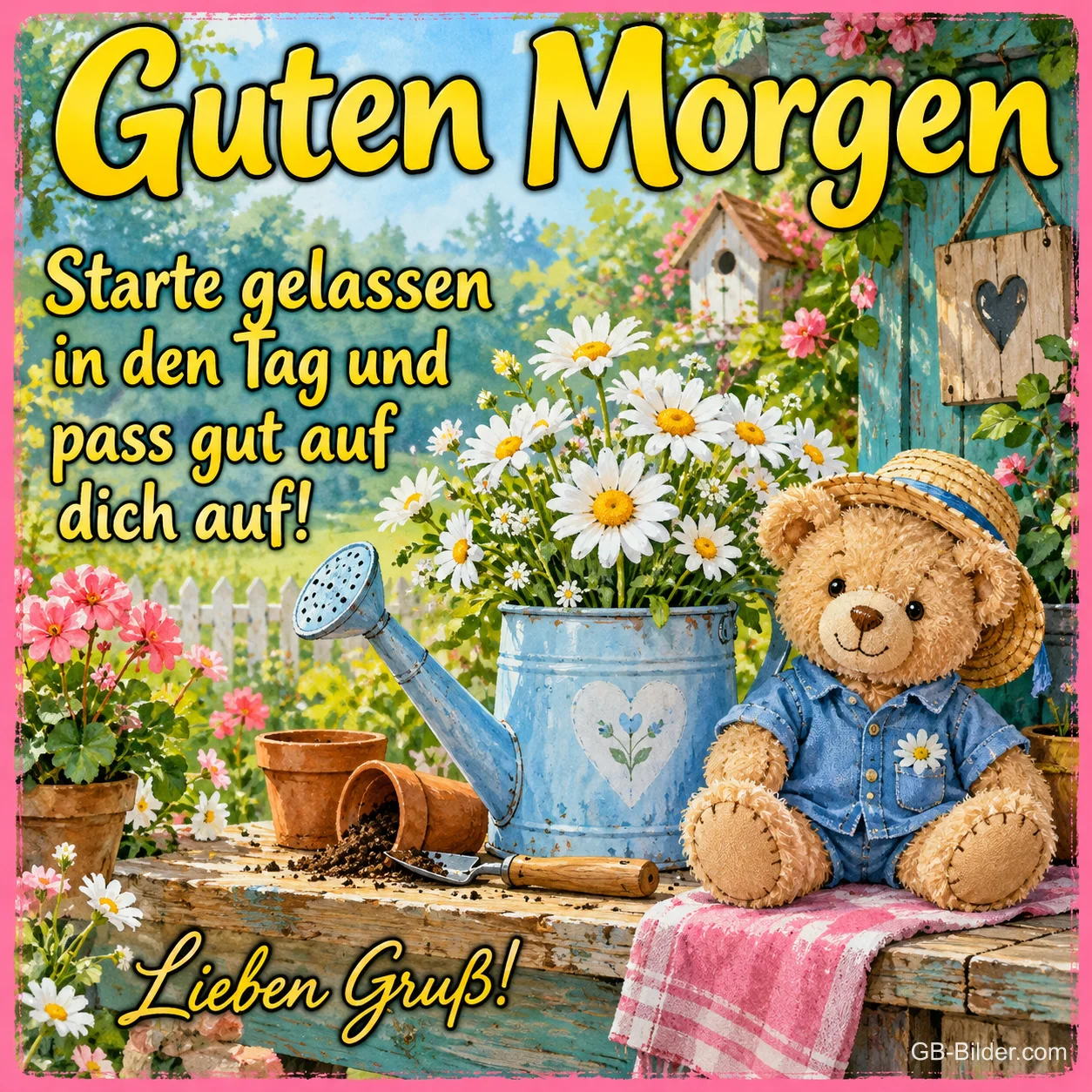 Teddybär mit Strohhut sitzt neben einer Gießkanne mit Margeriten, Text: Guten Morgen – Starte gelassen in den Tag und pass gut auf dich auf! Lieben Gruß! Teddybär mit Strohhut sitzt neben einer Gießkanne mit Margeriten, Text: Guten Morgen – Starte gelassen in den Tag und pass gut auf dich auf! Lieben Gruß!