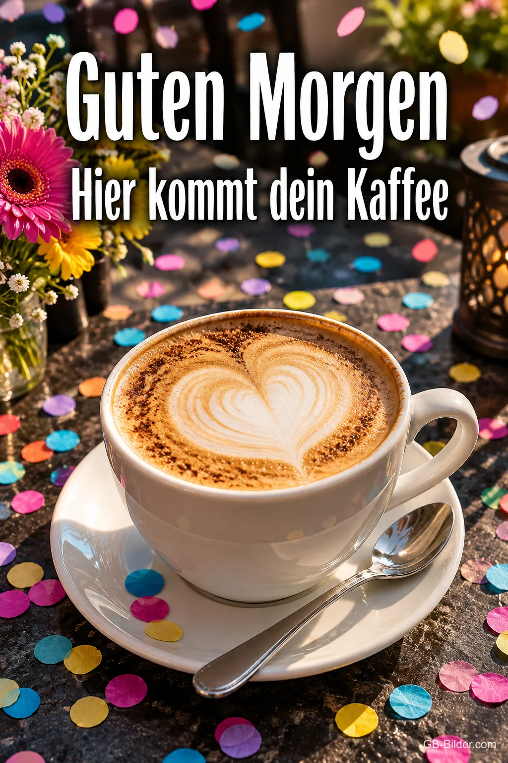 Cappuccino mit Herz zwischen buntem Konfetti, Text: Guten Morgen – Hier kommt dein Kaffee
