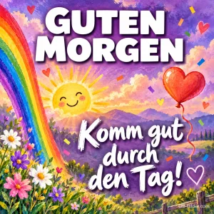 Lachende Sonne, Regenbogen und Herzballon über einer Blumenwiese, Text: GUTEN MORGEN – Komm gut durch den Tag!