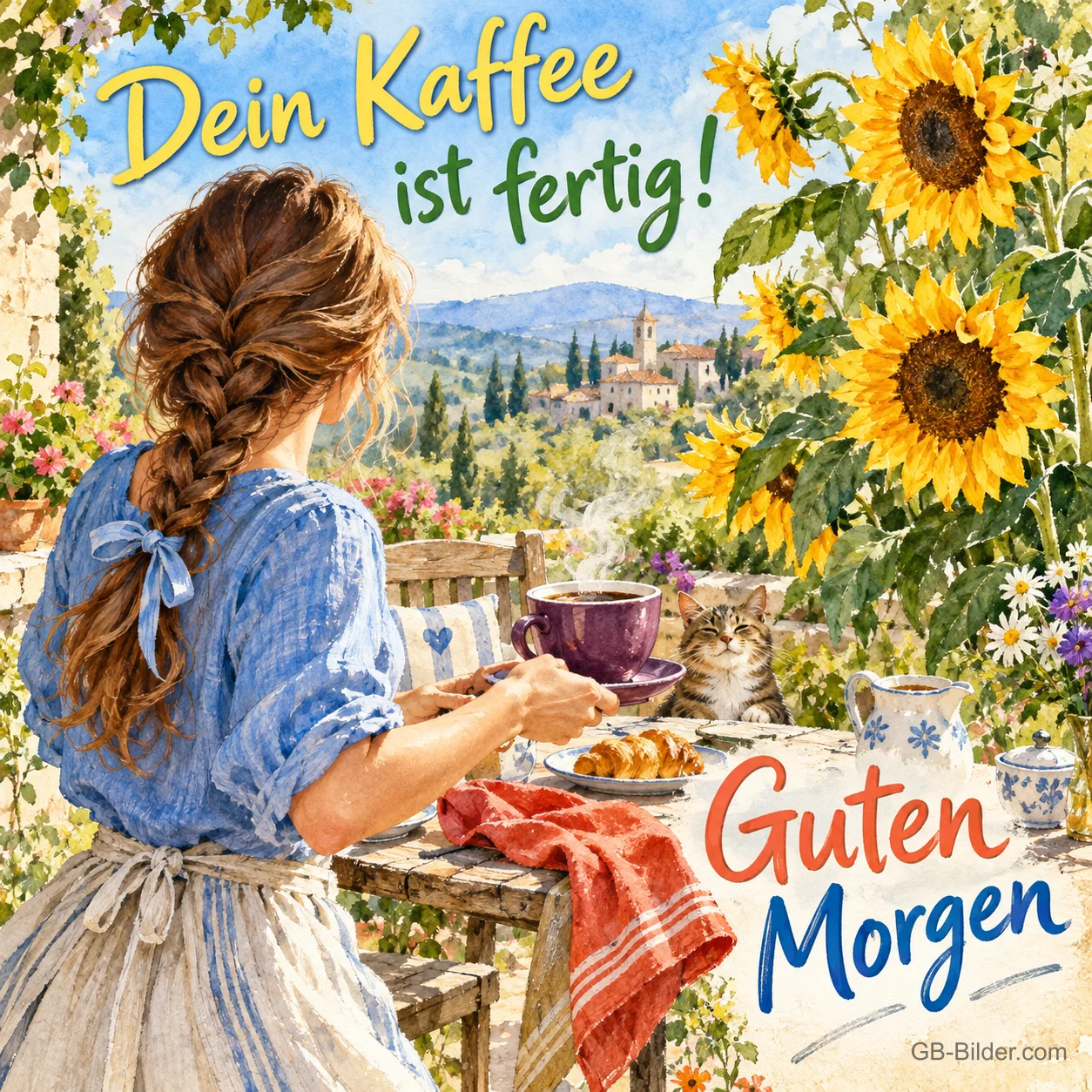 Frau mit Zopf deckt den Frühstückstisch zwischen Sonnenblumen, Text: Dein Kaffee ist fertig! Guten Morgen
