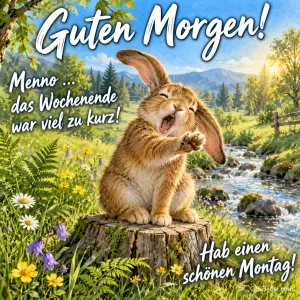 Hase gähnt und streckt sich auf einem Baumstumpf, Text: Guten Morgen! Menno … das Wochenende war viel zu kurz! Hab einen schönen Montag!