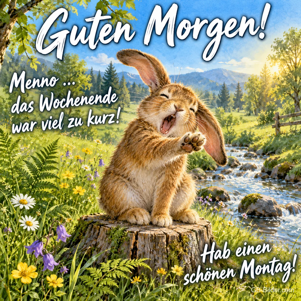 Hase gähnt und streckt sich auf einem Baumstumpf, Text: Guten Morgen! Menno … das Wochenende war viel zu kurz! Hab einen schönen Montag!