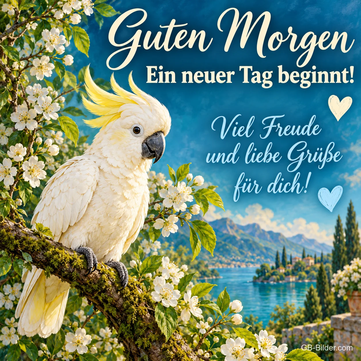 Weißer Kakadu sitzt auf einem blühenden Ast über dem See, Text: Guten Morgen – Ein neuer Tag beginnt! Viel Freude und liebe Grüße für dich!