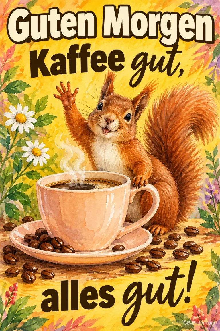 Eichhörnchen winkt neben einer dampfenden Kaffeetasse, Text: Guten Morgen – Kaffee gut, alles gut!