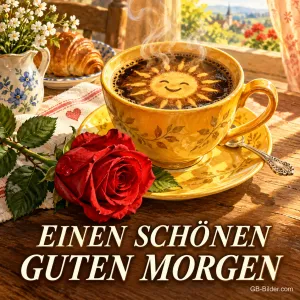 Kaffeetasse mit lächelnder Sonne im Schaum neben einer roten Rose, Text: EINEN SCHÖNEN GUTEN MORGEN