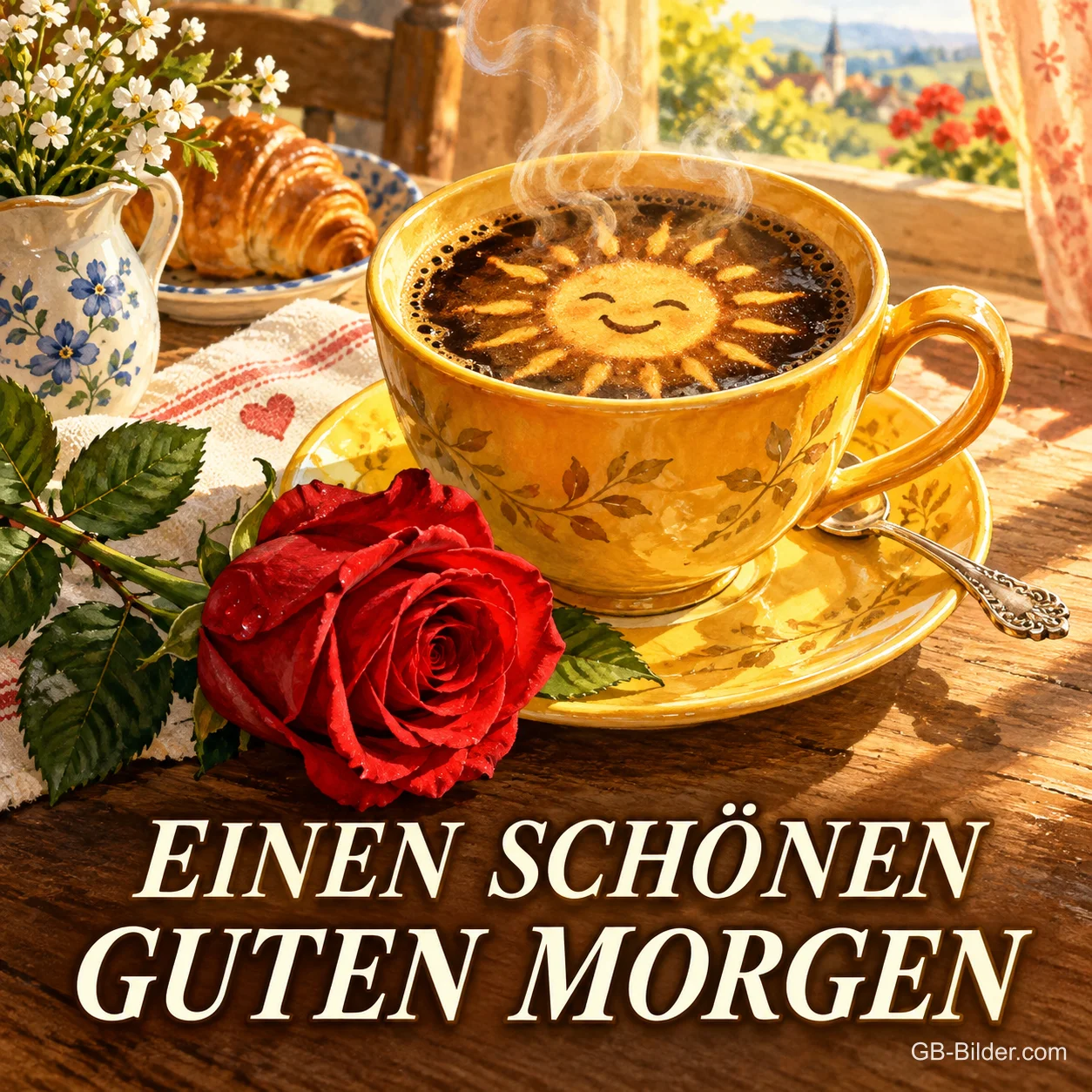 Kaffeetasse mit lächelnder Sonne im Schaum neben einer roten Rose, Text: EINEN SCHÖNEN GUTEN MORGEN Kaffeetasse mit lächelnder Sonne im Schaum neben einer roten Rose, Text: EINEN SCHÖNEN GUTEN MORGEN