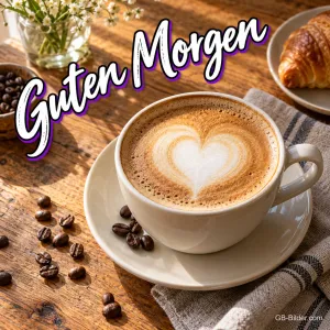 Cappuccino mit Herz im Milchschaum neben Kaffeebohnen, Text: Guten Morgen