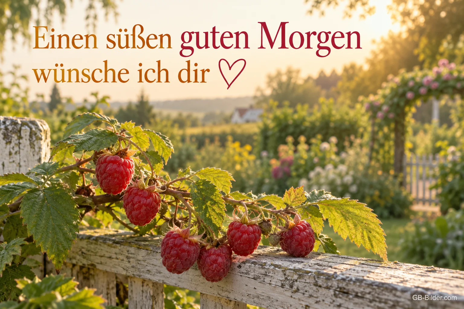 Himbeerzweig mit reifen Früchten an einem Gartenzaun im Morgenlicht, Text: Einen süßen guten Morgen wünsche ich dir ♡
