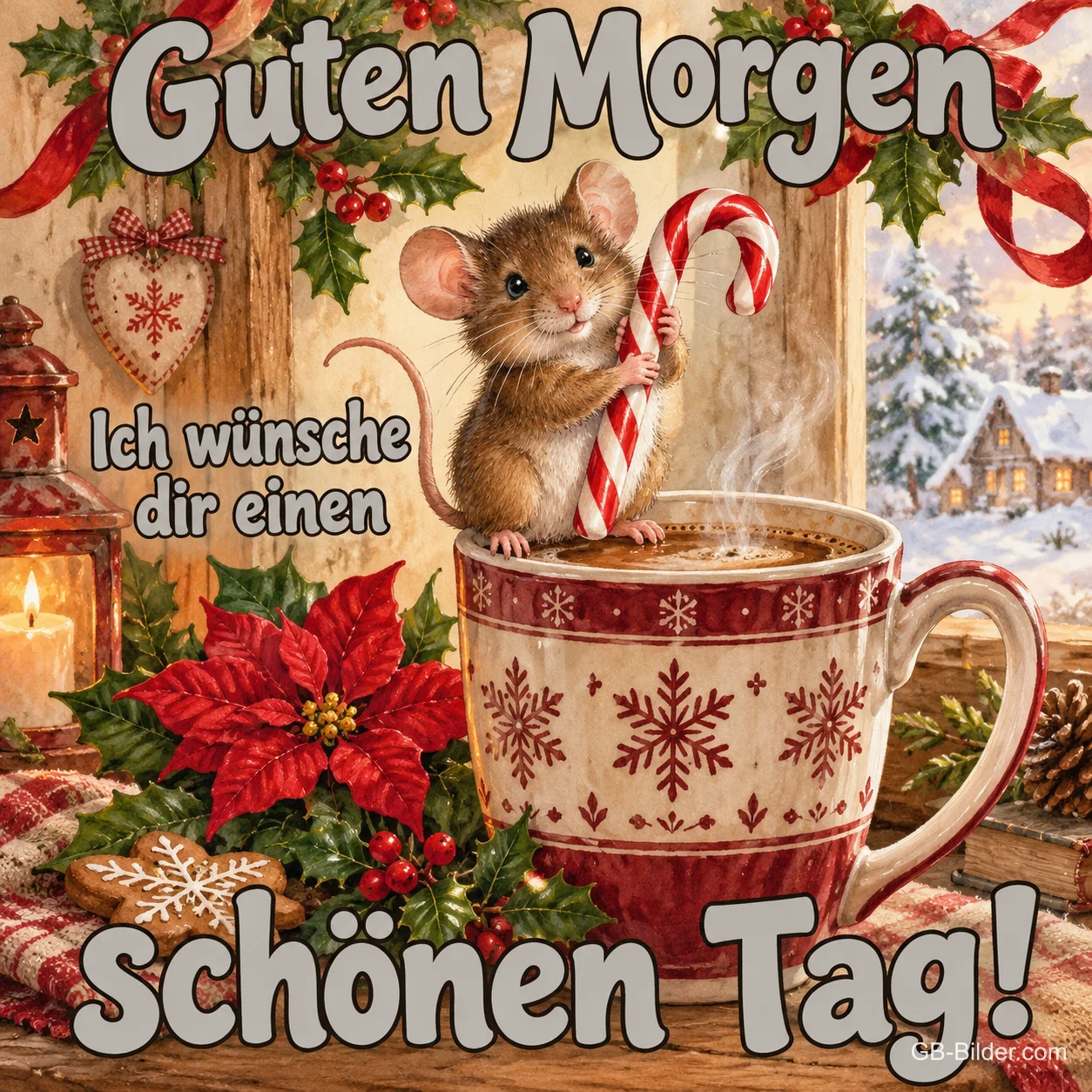 Maus mit Zuckerstange sitzt in einer weihnachtlichen Tasse, Text: Guten Morgen – Ich wünsche dir einen schönen Tag! Maus mit Zuckerstange sitzt in einer weihnachtlichen Tasse, Text: Guten Morgen – Ich wünsche dir einen schönen Tag!