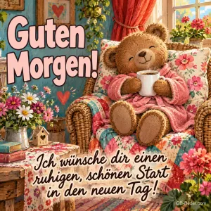 Teddybär im rosa Bademantel sitzt mit Kaffeetasse im Korbsessel, Text: Guten Morgen! Ich wünsche dir einen ruhigen, schönen Start in den neuen Tag!