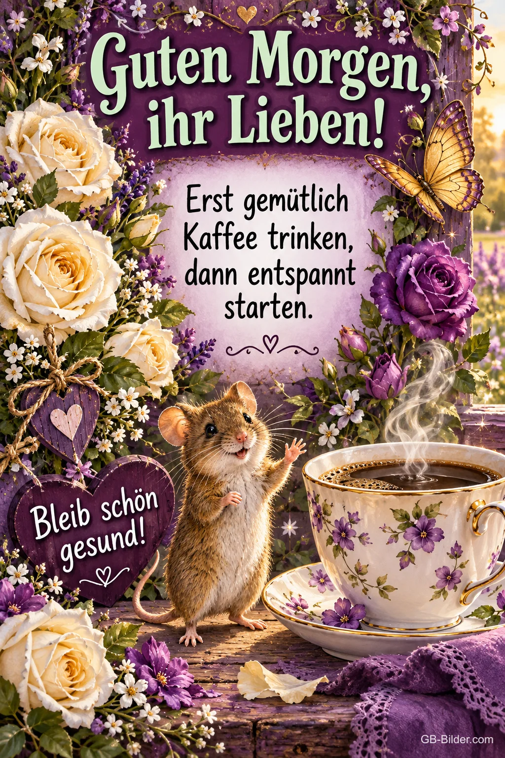 Feldmaus steht fröhlich neben einer dampfenden Kaffeetasse zwischen weißen und lila Rosen, Text: Guten Morgen, ihr Lieben! Erst gemütlich Kaffee trinken, dann entspannt starten. Bleib schön gesund! Feldmaus steht fröhlich neben einer dampfenden Kaffeetasse zwischen weißen und lila Rosen, Text: Guten Morgen, ihr Lieben! Erst gemütlich Kaffee trinken, dann entspannt starten. Bleib schön gesund!