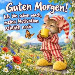 Maus im gestreiften Schlafanzug trinkt aus einer gelben Tasse auf einer Blumenwiese, Text: Guten Morgen! Ich bin schon wach, meine Motivation schläft noch.