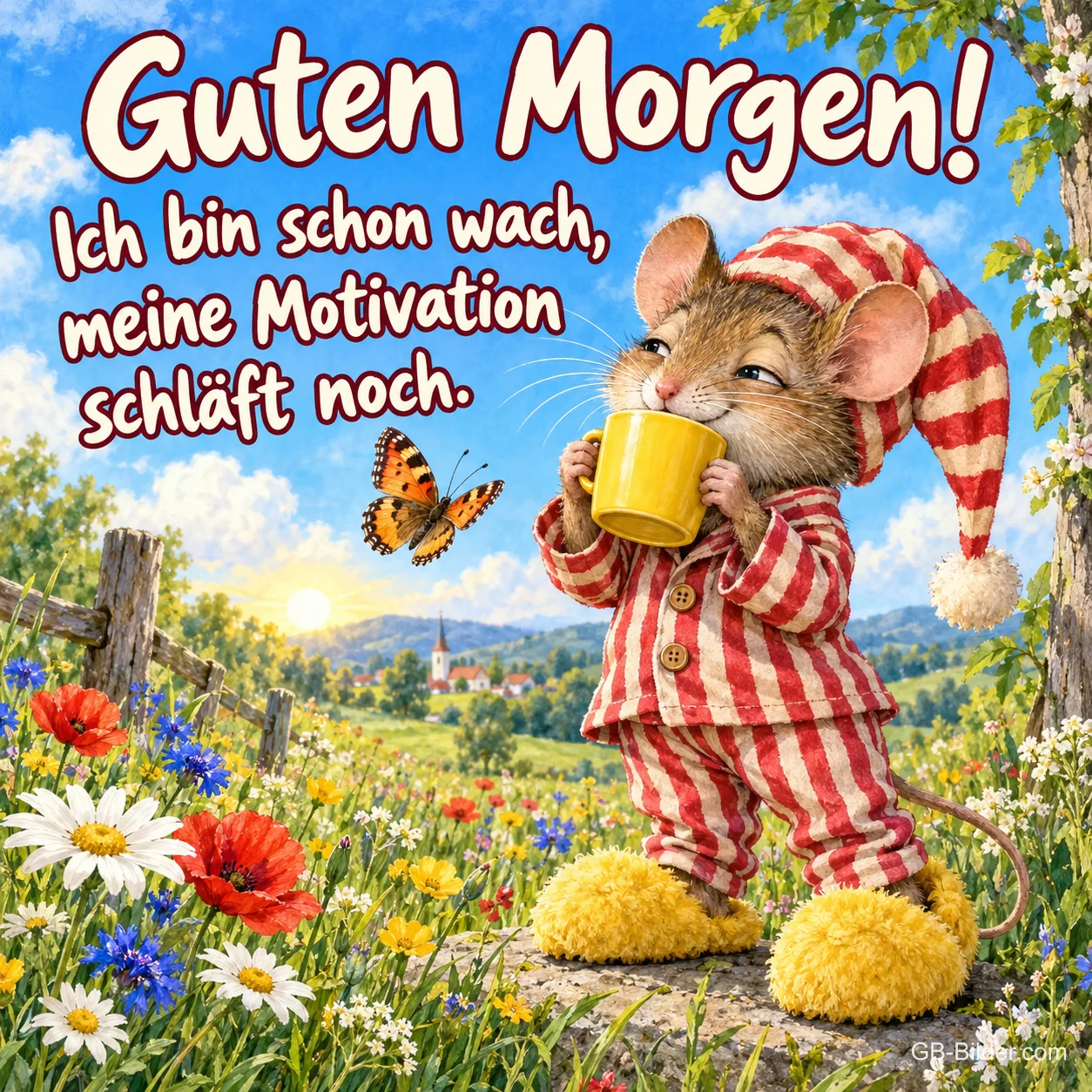 Maus im gestreiften Schlafanzug trinkt aus einer gelben Tasse auf einer Blumenwiese, Text: Guten Morgen! Ich bin schon wach, meine Motivation schläft noch. Maus im gestreiften Schlafanzug trinkt aus einer gelben Tasse auf einer Blumenwiese, Text: Guten Morgen! Ich bin schon wach, meine Motivation schläft noch.