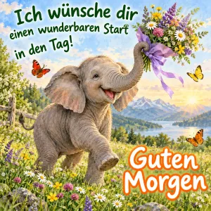 Elefantenbaby läuft fröhlich mit einem Blumenstrauß im Rüssel über die Wiese, Text: Ich wünsche dir einen wunderbaren Start in den Tag! Guten Morgen