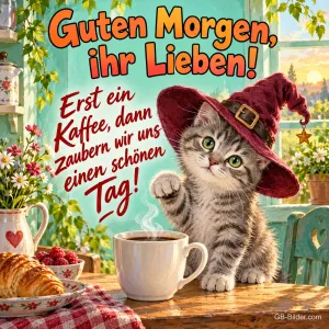 Getigertes Kätzchen mit Hexenhut winkt neben einer Kaffeetasse, Text: Guten Morgen, ihr Lieben! Erst ein Kaffee, dann zaubern wir uns einen schönen Tag!