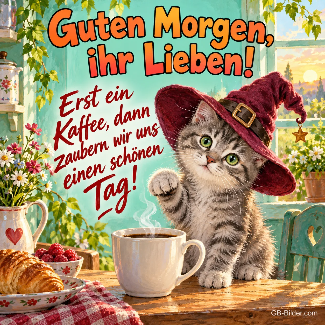 Getigertes Kätzchen mit Hexenhut winkt neben einer Kaffeetasse, Text: Guten Morgen, ihr Lieben! Erst ein Kaffee, dann zaubern wir uns einen schönen Tag! Getigertes Kätzchen mit Hexenhut winkt neben einer Kaffeetasse, Text: Guten Morgen, ihr Lieben! Erst ein Kaffee, dann zaubern wir uns einen schönen Tag!