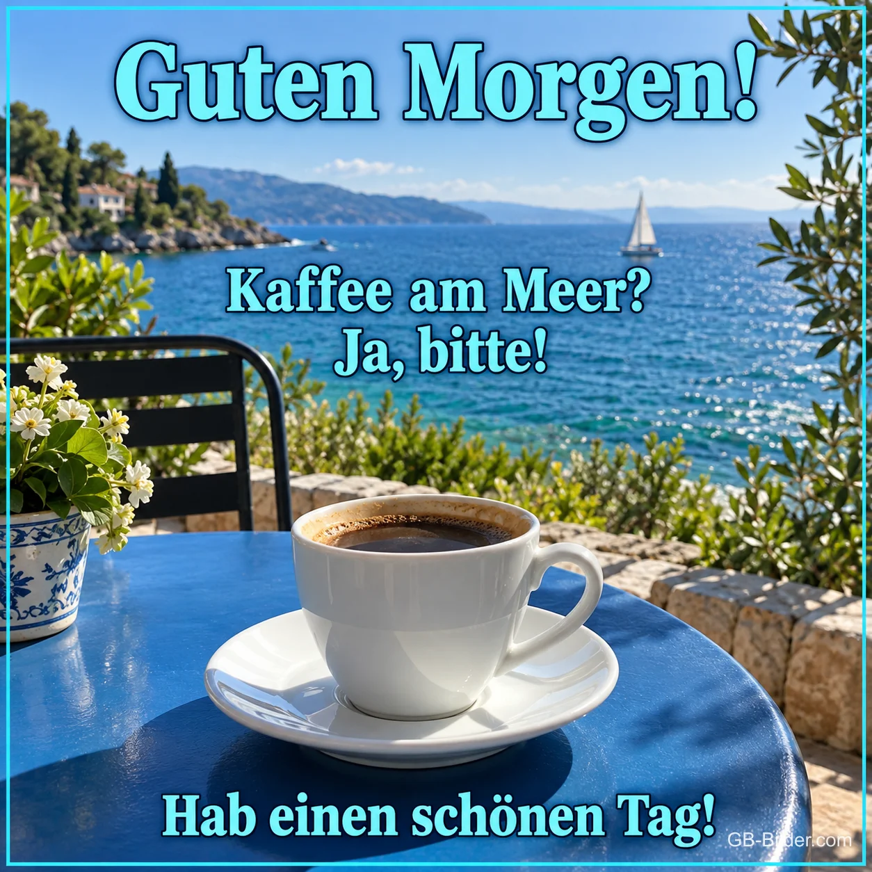 Kaffeetasse auf einem blauen Tisch mit Blick aufs Meer, Text: Guten Morgen! Kaffee am Meer? Ja, bitte! Hab einen schönen Tag! Kaffeetasse auf einem blauen Tisch mit Blick aufs Meer, Text: Guten Morgen! Kaffee am Meer? Ja, bitte! Hab einen schönen Tag!