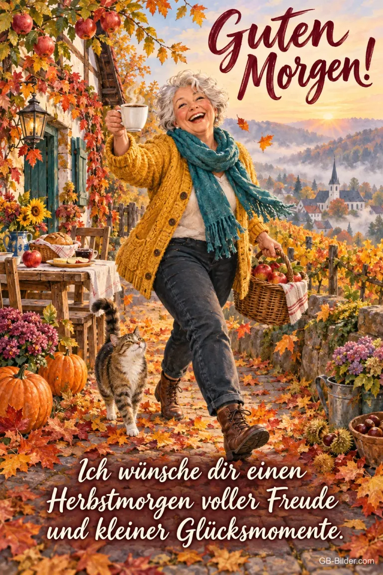 Fröhliche Frau mit Kaffeetasse und Katze in einer herbstlichen Gasse, Text: Guten Morgen! Ich wünsche dir einen Herbstmorgen voller Freude und kleiner Glücksmomente.