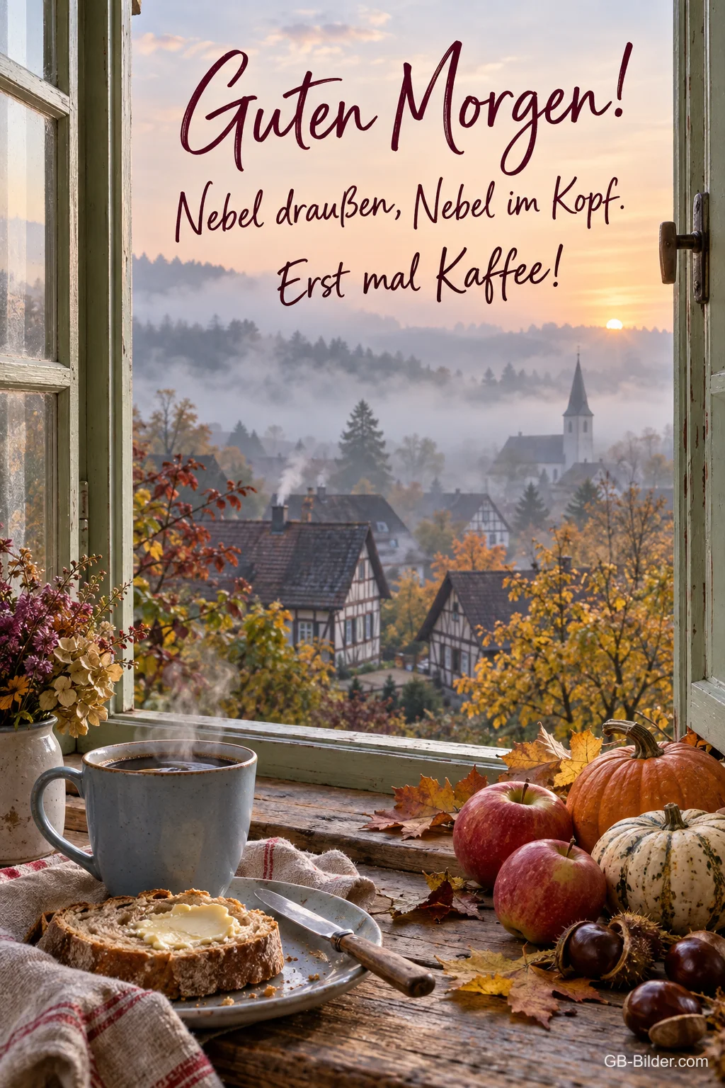 Offenes Fenster mit Kaffee und Äpfeln über einem nebligen Dorf, Text: Guten Morgen! Nebel draußen, Nebel im Kopf. Erst mal Kaffee!
