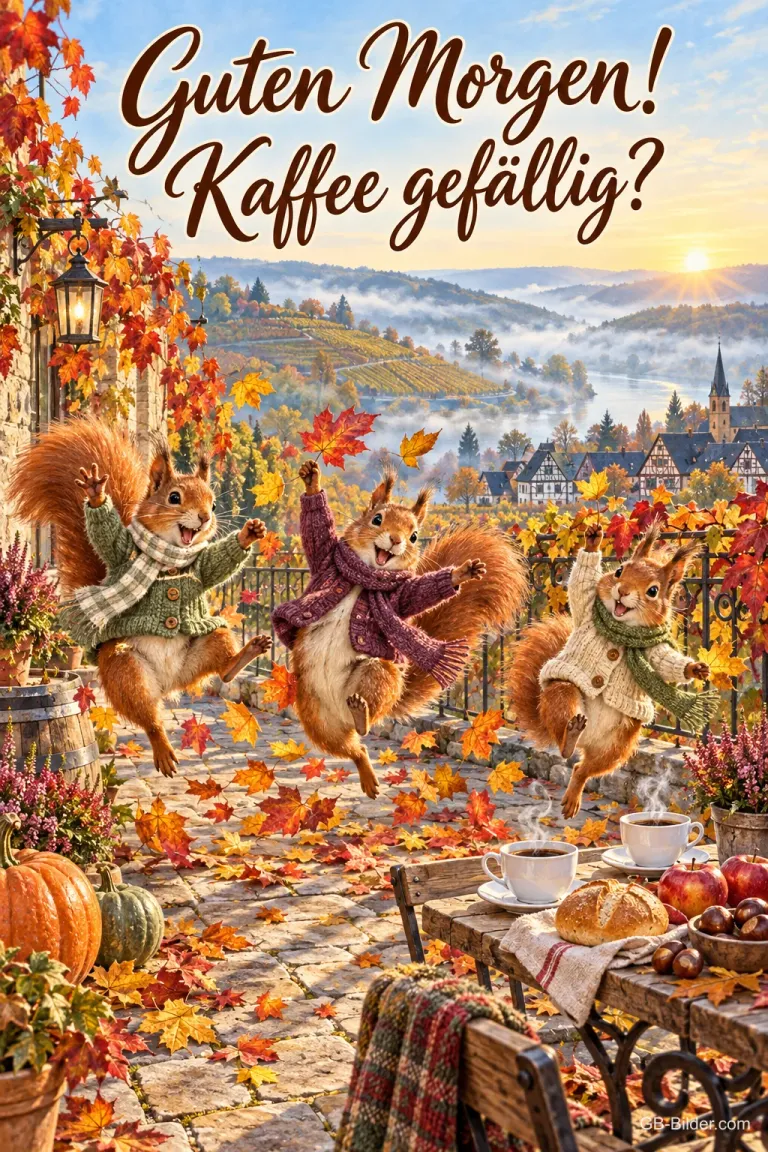 Drei tanzende Eichhörnchen mit Schals im Herbstlaub, Text: Guten Morgen! Kaffee gefällig?