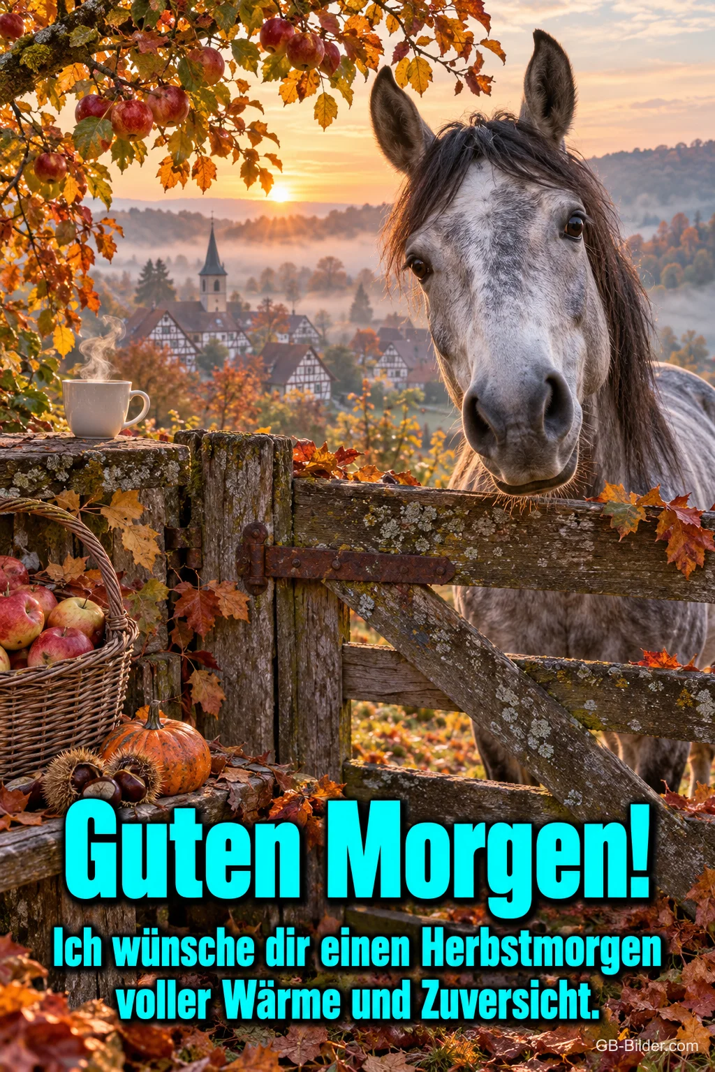 Graues Pferd am Holzzaun vor einem nebligen Herbstdorf, Text: Guten Morgen! Ich wünsche dir einen Herbstmorgen voller Wärme und Zuversicht. Graues Pferd am Holzzaun vor einem nebligen Herbstdorf, Text: Guten Morgen! Ich wünsche dir einen Herbstmorgen voller Wärme und Zuversicht.