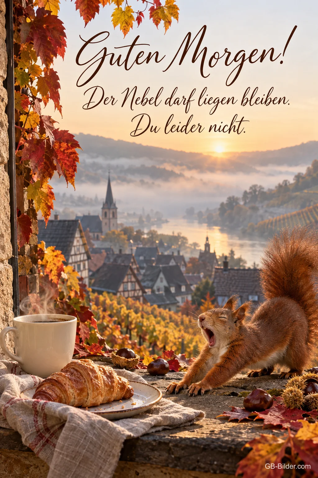 Gähnendes Eichhörnchen neben Kaffee und Croissant, Text: Guten Morgen! Der Nebel darf liegen bleiben. Du leider nicht.