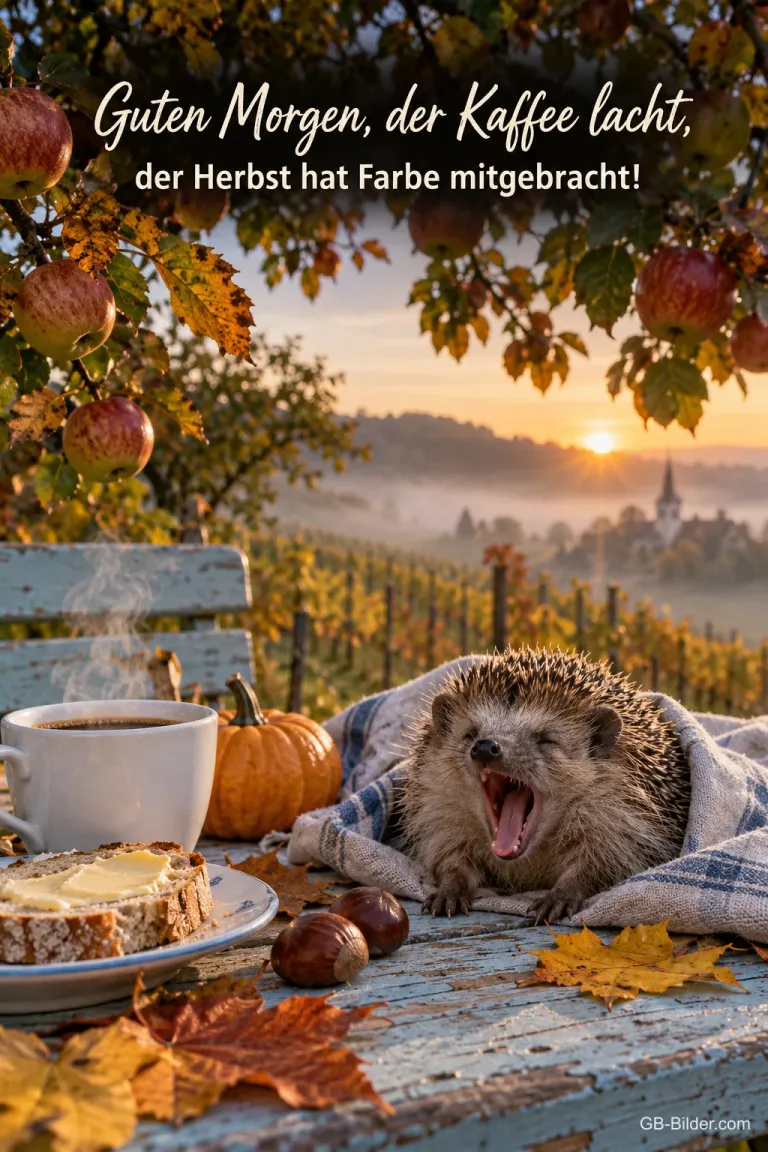 Gähnender Igel in einer Decke neben Kaffee und Kastanien, Text: Guten Morgen, der Kaffee lacht, der Herbst hat Farbe mitgebracht!