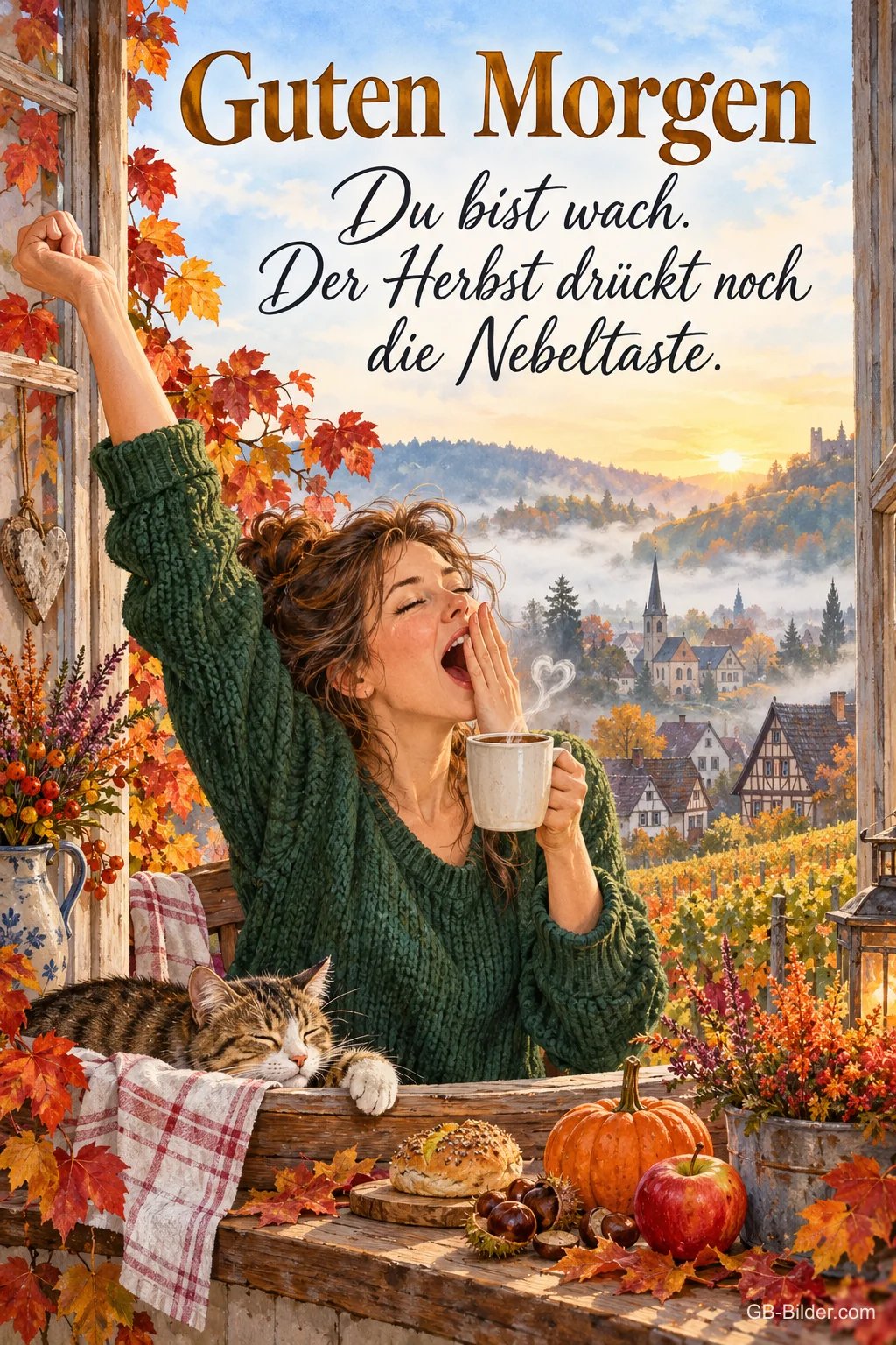 Gähnende Frau mit Kaffeetasse am Fenster, daneben eine schlafende Katze, Text: Guten Morgen! Du bist wach. Der Herbst drückt noch die Nebeltaste.