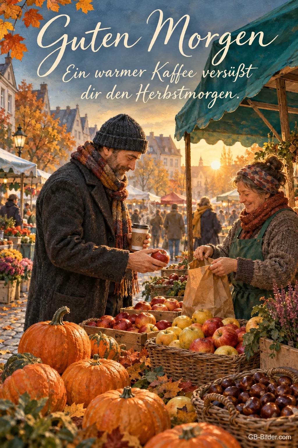 Mann kauft Äpfel an einem herbstlichen Marktstand mit Kürbissen, Text: Guten Morgen – Ein warmer Kaffee versüßt dir den Herbstmorgen.