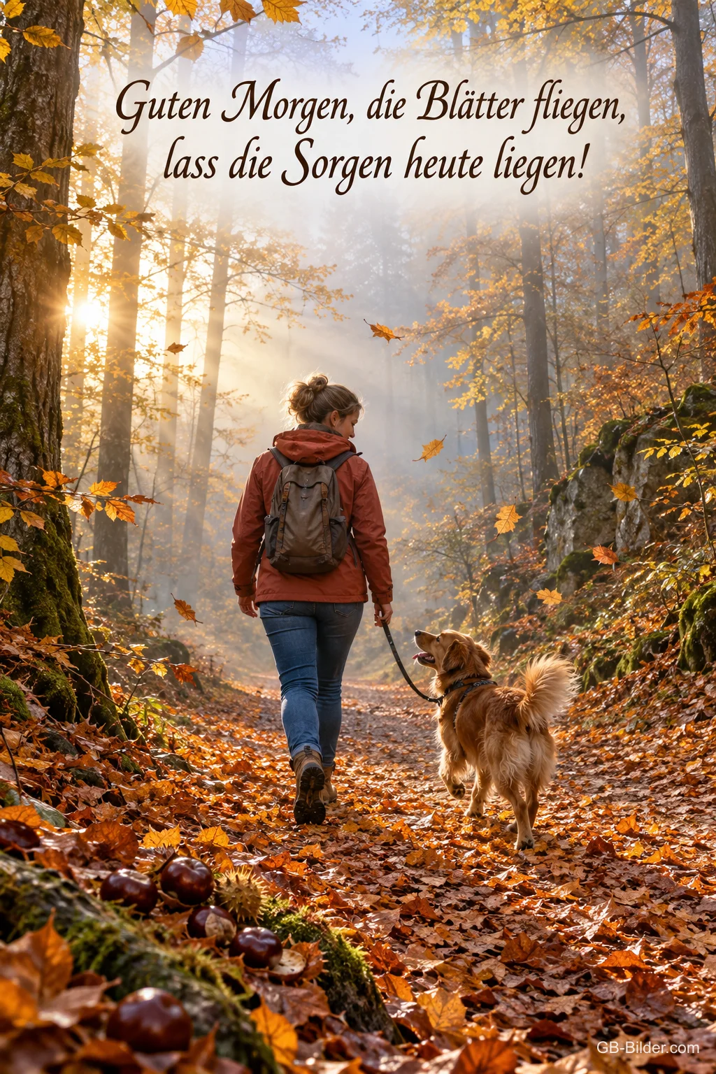 Frau mit Hund auf einem Waldweg im Herbstlaub, Text: Guten Morgen, die Blätter fliegen, lass die Sorgen heute liegen!