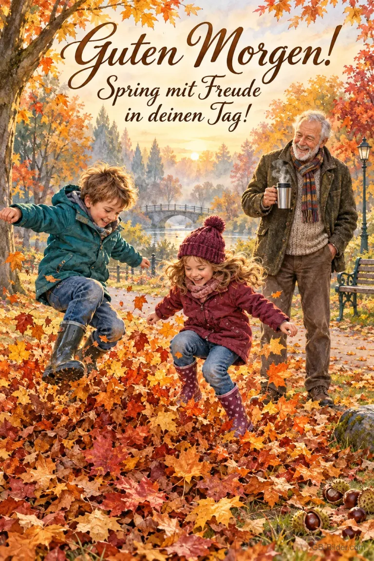 Kinder springen in einen Laubhaufen, Opa mit Thermosbecher schaut zu, Text: Guten Morgen! Spring mit Freude in deinen Tag!
