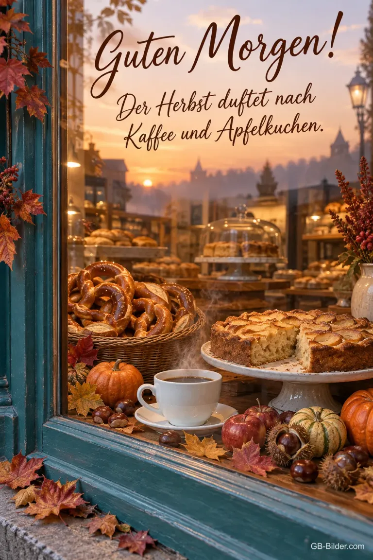 Bäckerschaufenster mit Brezeln, Apfelkuchen und Kaffee, Text: Guten Morgen! Der Herbst duftet nach Kaffee und Apfelkuchen.
