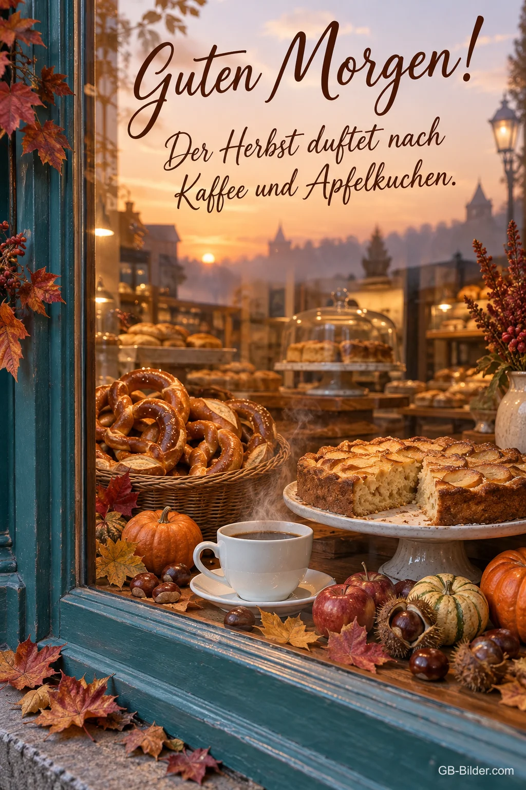 Bäckerschaufenster mit Brezeln, Apfelkuchen und Kaffee, Text: Guten Morgen! Der Herbst duftet nach Kaffee und Apfelkuchen.