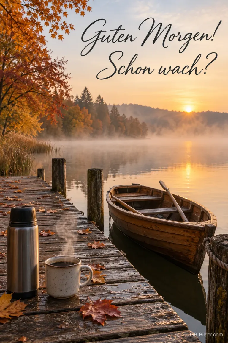 Holzsteg mit Ruderboot und Thermoskanne am nebligen Herbstsee, Text: Guten Morgen! Schon wach?
