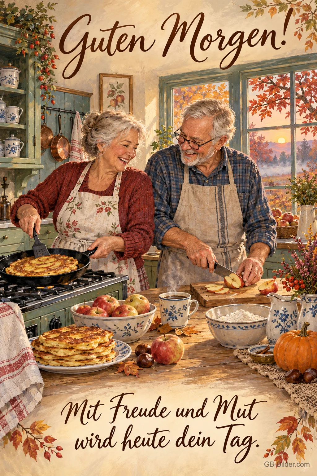 Älteres Paar backt Apfelpfannkuchen in einer gemütlichen Küche, Text: Guten Morgen! Mit Freude und Mut wird heute dein Tag. Älteres Paar backt Apfelpfannkuchen in einer gemütlichen Küche, Text: Guten Morgen! Mit Freude und Mut wird heute dein Tag.