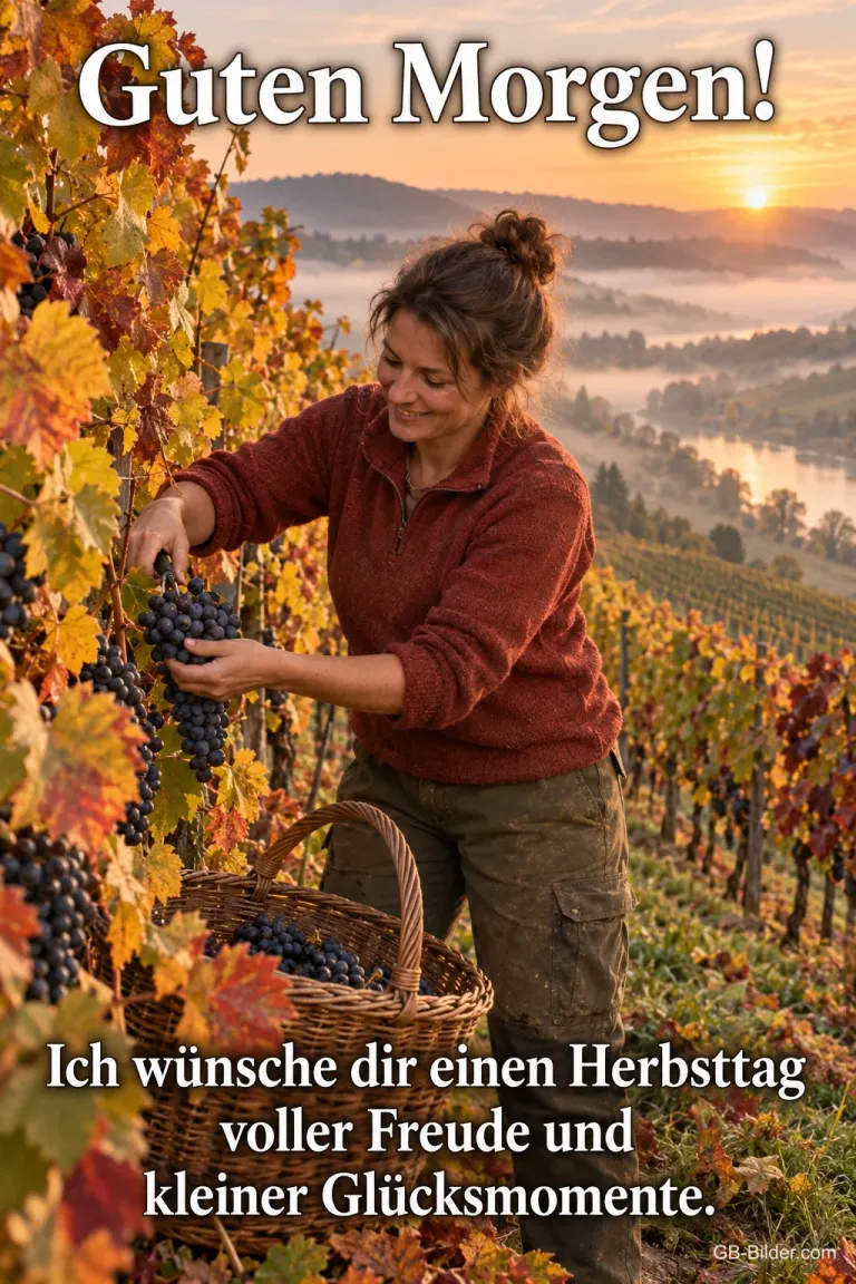 Frau erntet Trauben im herbstlichen Weinberg, Text: Guten Morgen! Ich wünsche dir einen Herbsttag voller Freude und kleiner Glücksmomente.