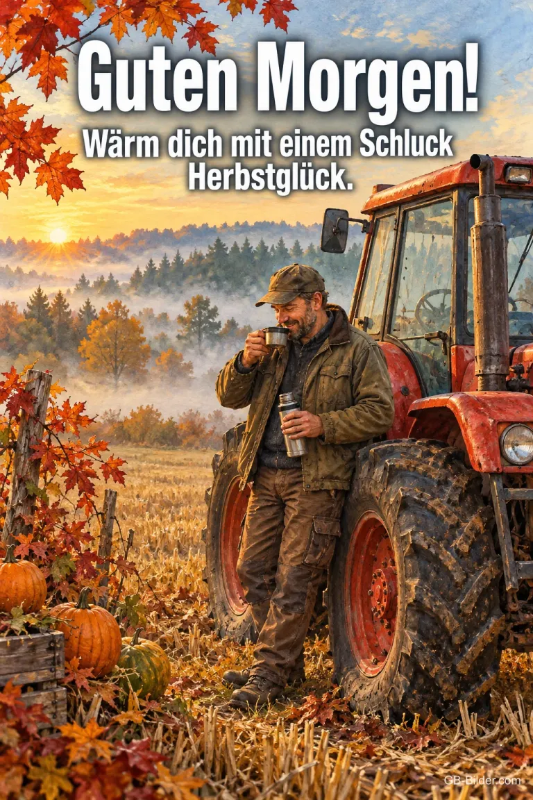 Bauer mit Thermosbecher am roten Traktor im Morgennebel, Text: Guten Morgen! Wärm dich mit einem Schluck Herbstglück.